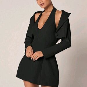 Elegant Hepburn Daughter Style Taupe Solid Color Crop Blazer V-Neck Dress